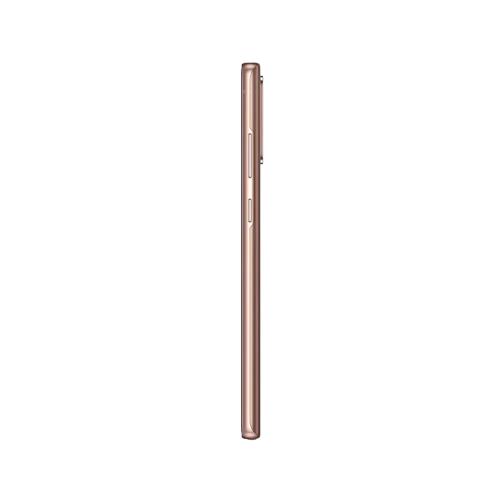 Bakır renk Samsung Galaxy Note 20 akıllı telefonun yan profilden görünümü, ince metal çerçeve ve tuşlar