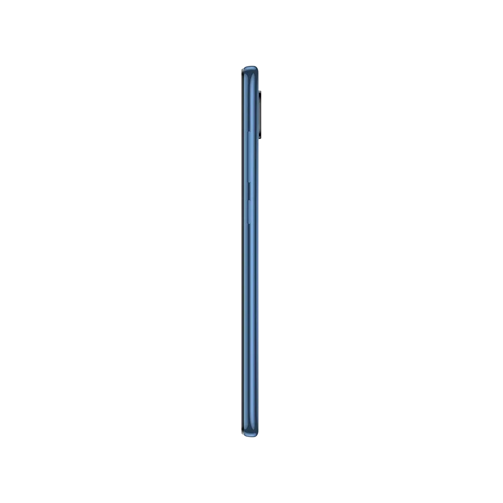 Xiaomi Redmi Note 9 mavi akıllı telefonun yan profili, ince gövde ve yan tuş detaylarıyla görünüyor