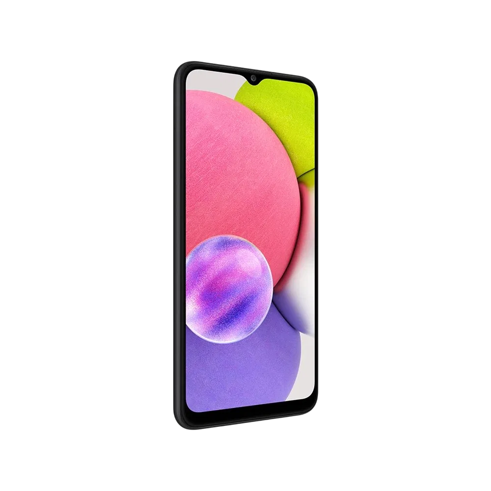 Samsung Galaxy A03s siyah akıllı telefon, önden görünüm, damla çentikli ekran ve renkli arka plan tasarımı