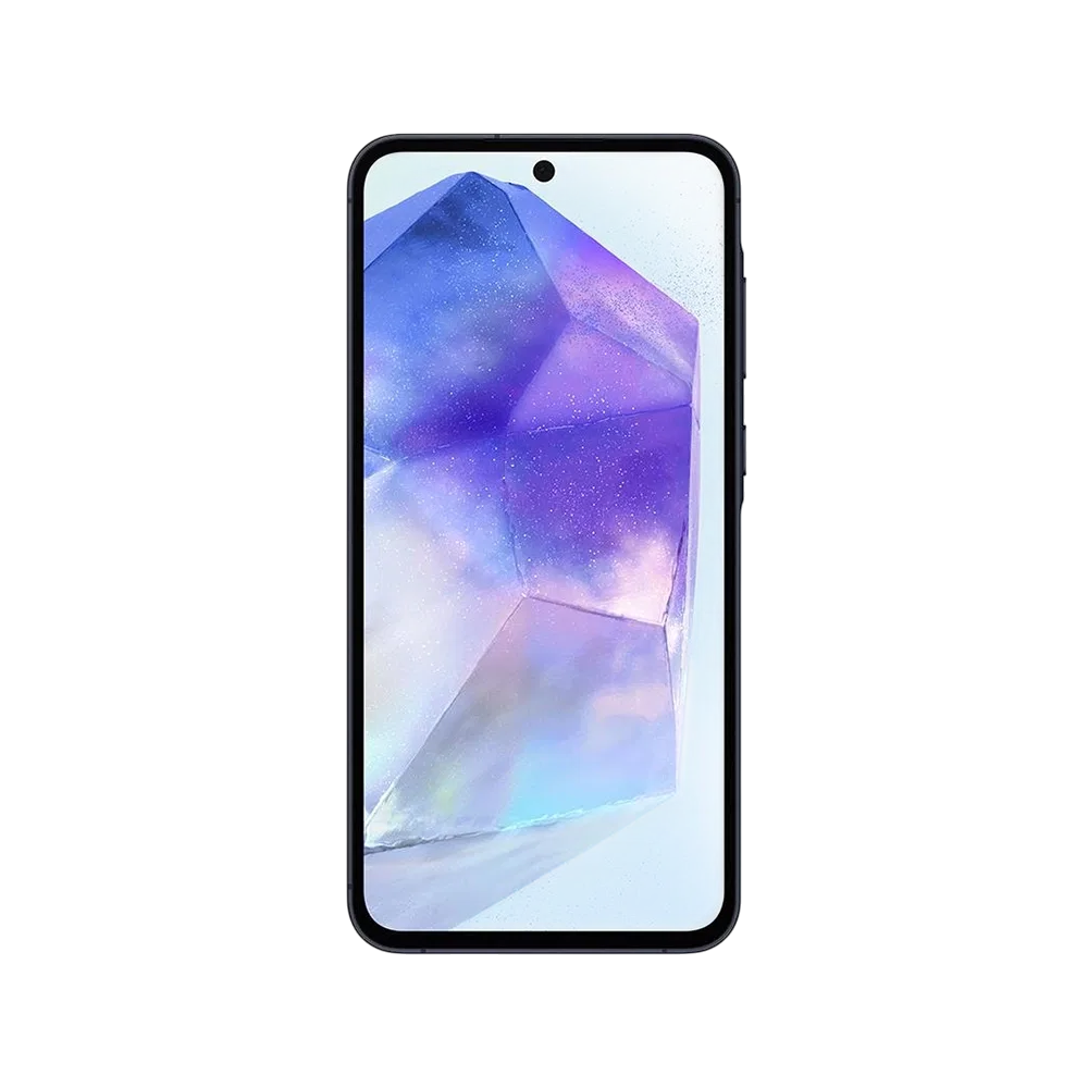 Samsung Galaxy A55 siyah akıllı telefonun önden görünümü, ince çerçeveli ekran ve merkez kamera deliği