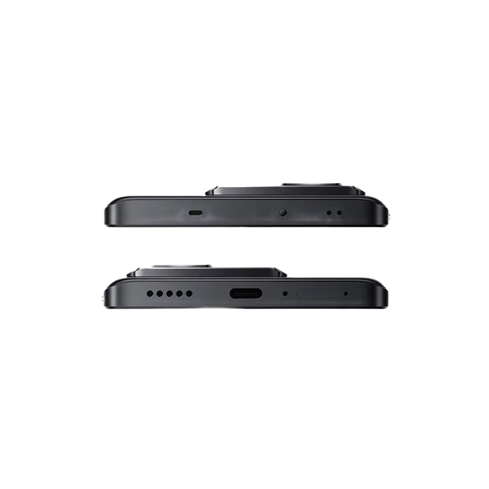 Siyah Xiaomi 13T akıllı telefonun alt ve üst kenar tasarımı, hoparlör ızgarası ve USB-C girişi görünümü