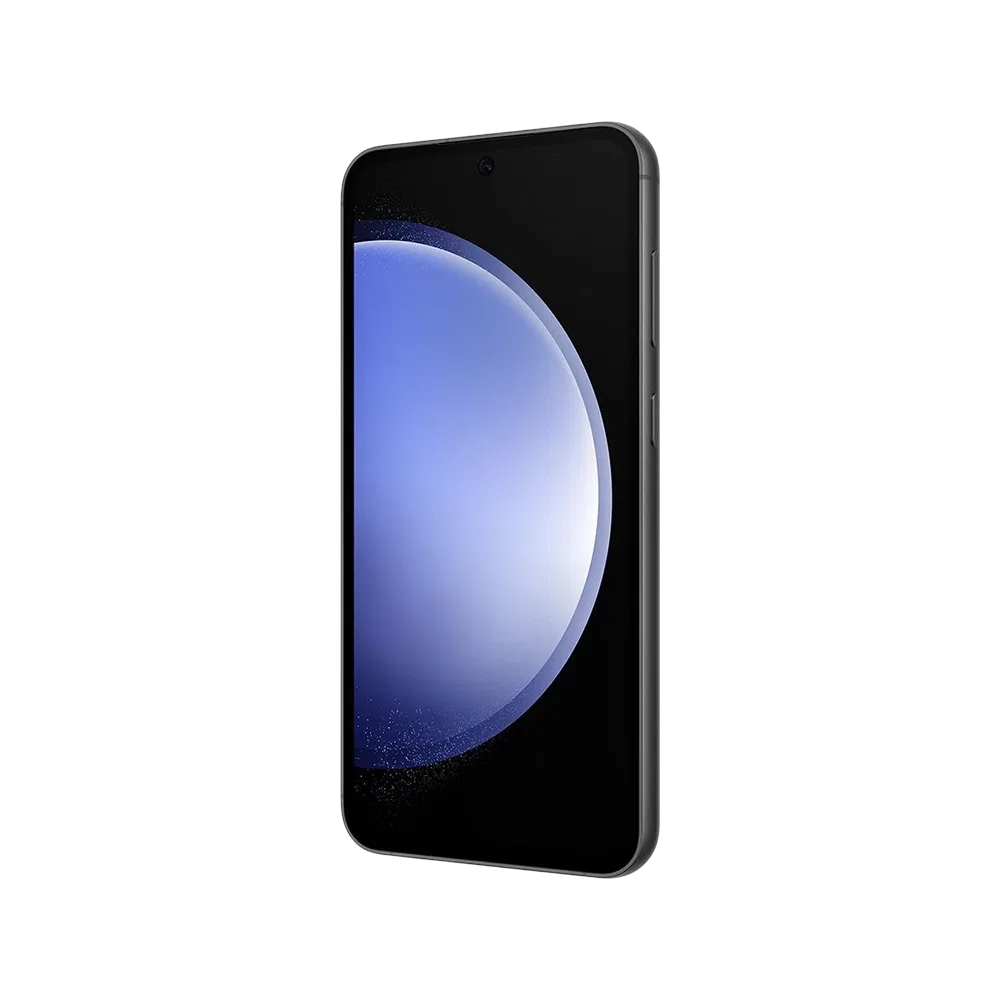 Samsung Galaxy S23 FE siyah akıllı telefon, ince çerçeveli ekran ve ön kamera detayıyla önden görünüm