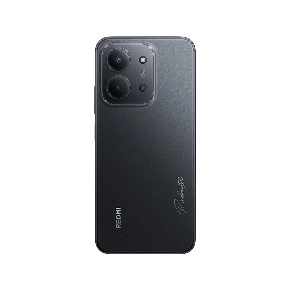 Xiaomi Redmi 15c siyah akıllı telefonun arka yüzü, çift kamera modülü ve flaş detayıyla yakından görünüm