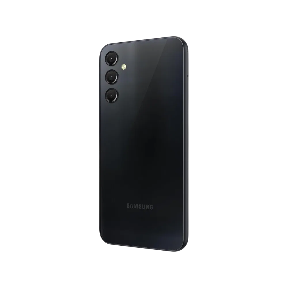 Samsung Galaxy A24 siyah akıllı telefonun arka yüzü, üçlü kamera ve LED flaş detaylı tasarım
