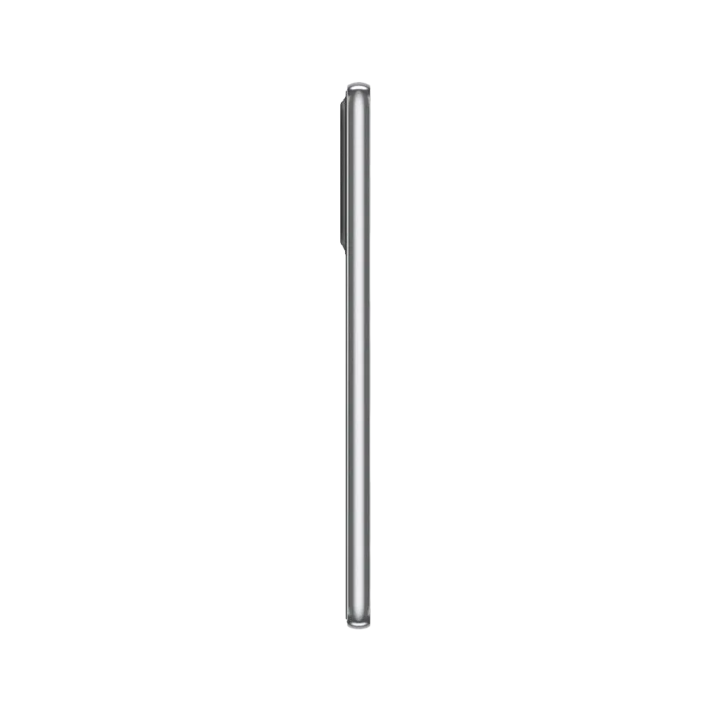 Samsung Galaxy A73 siyah akıllı telefonun yan profilden ince çerçeve tasarım detayını gösterir