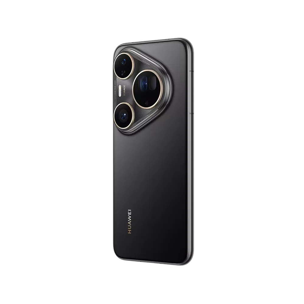 Siyah Huawei Pura 80 Ultra akıllı telefonun arka yüzü, üçlü büyük kamera modülüyle yakın plan görünüm