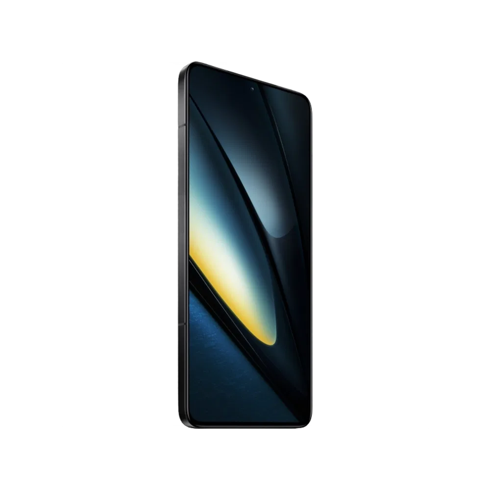 Siyah Poco F6 Pro akıllı telefon, ince çerçeveli geniş ekranı ve modern düz tasarımıyla önden görünüm