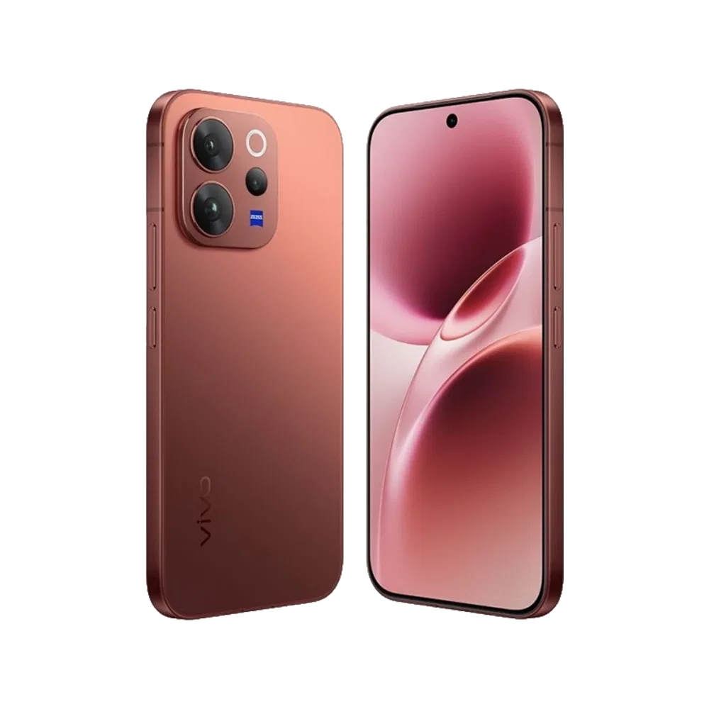 Vivo V70 kırmızı akıllı telefon, ön ekran ve üçlü kamera modüllü arka yüz tasarımıyla görünüm