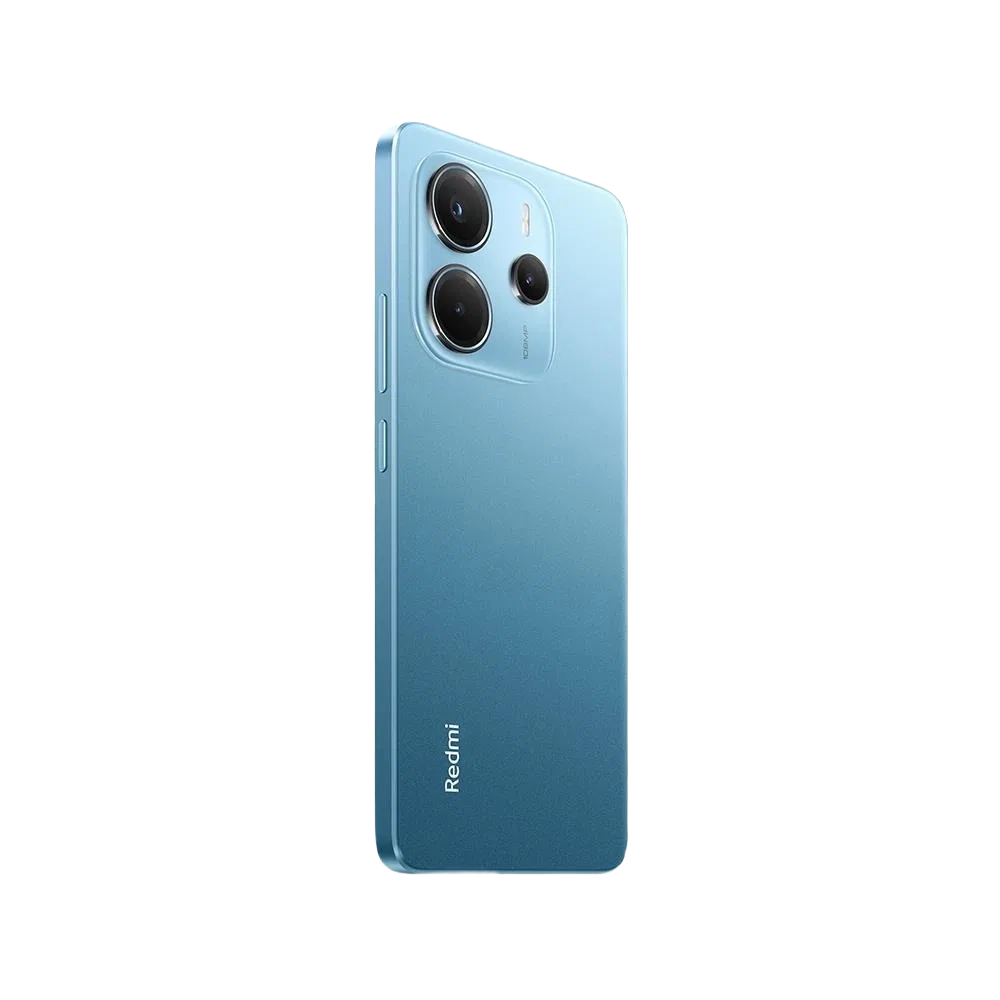 Xiaomi Redmi Note 14 mavi akıllı telefonun arka yüzü, üçlü kamera modülü ve ince tasarım detayları