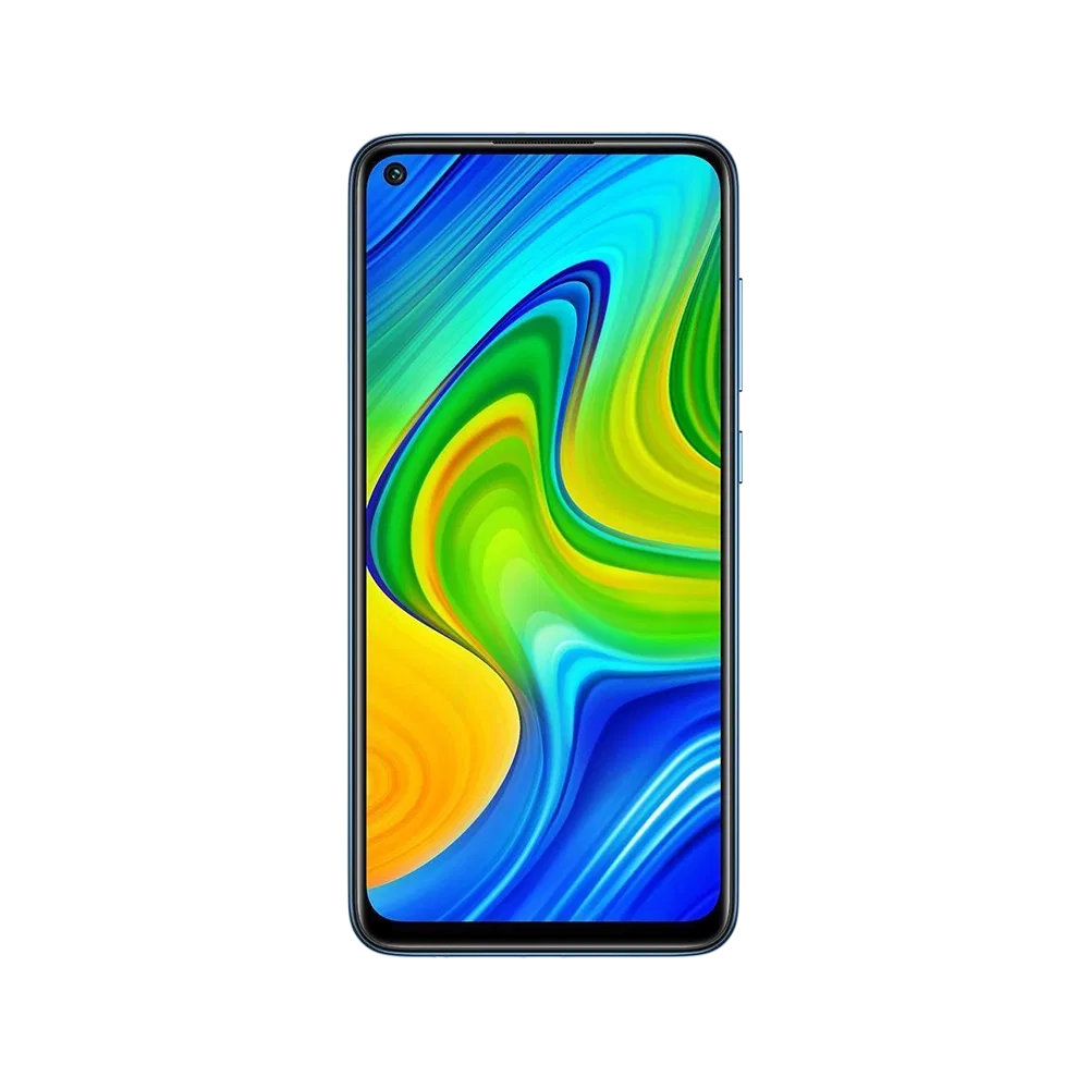 Xiaomi Redmi Note 9 mavi akıllı telefon, önden ekran görünümüyle vitrin ürün görseli