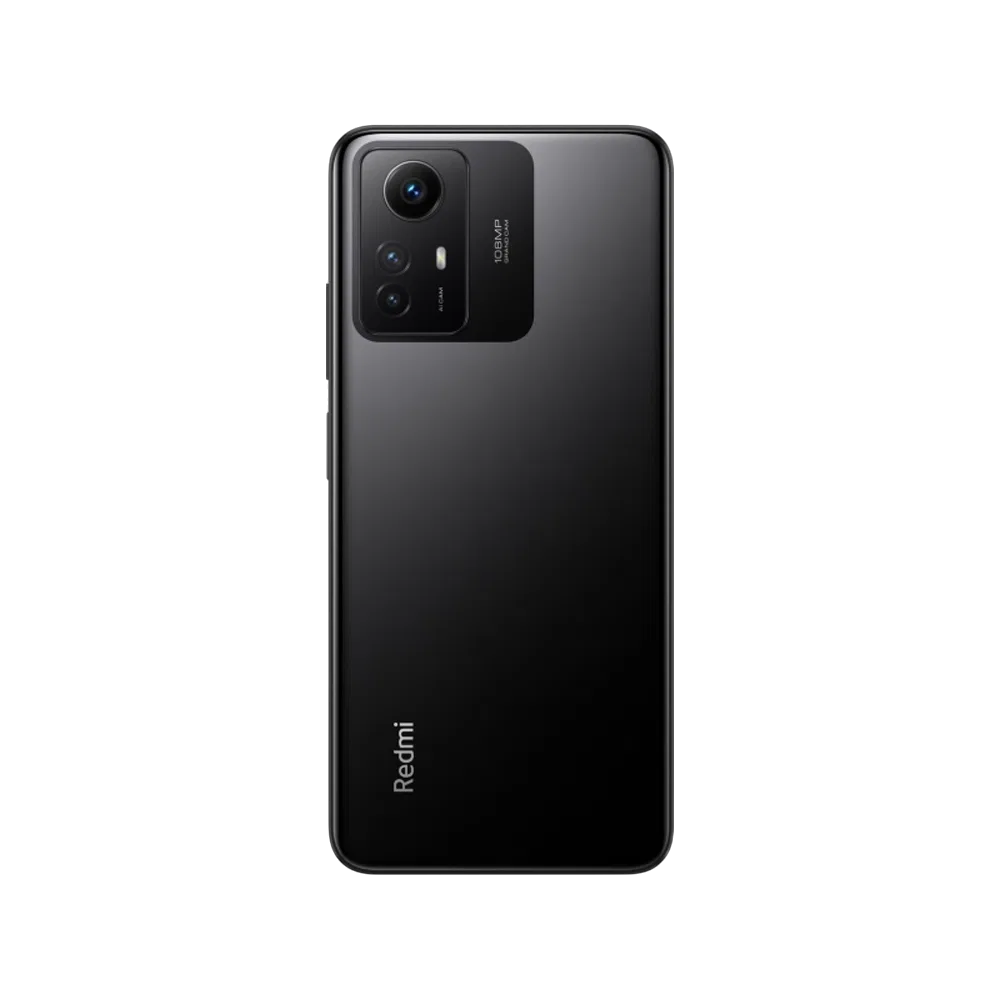 Xiaomi Redmi Note 12S siyah akıllı telefonun arka yüzü, üçlü kamera modülü ve Redmi logosuyle görünüm