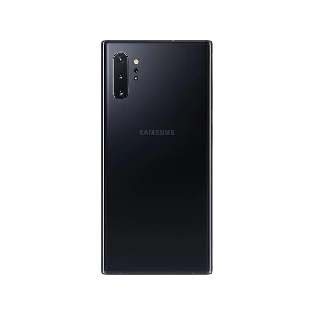 Samsung Galaxy Note 10 Plus siyah akıllı telefonun arka yüzü, üçlü kamera ve flaş detayıyla görünüm