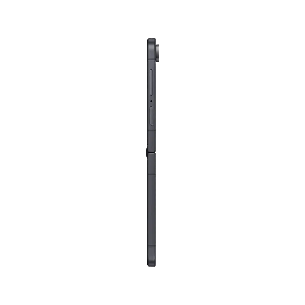 Samsung Galaxy Z Flip8 gri akıllı telefonun yan görünümü, ince tasarım ve katlanır form detayları.