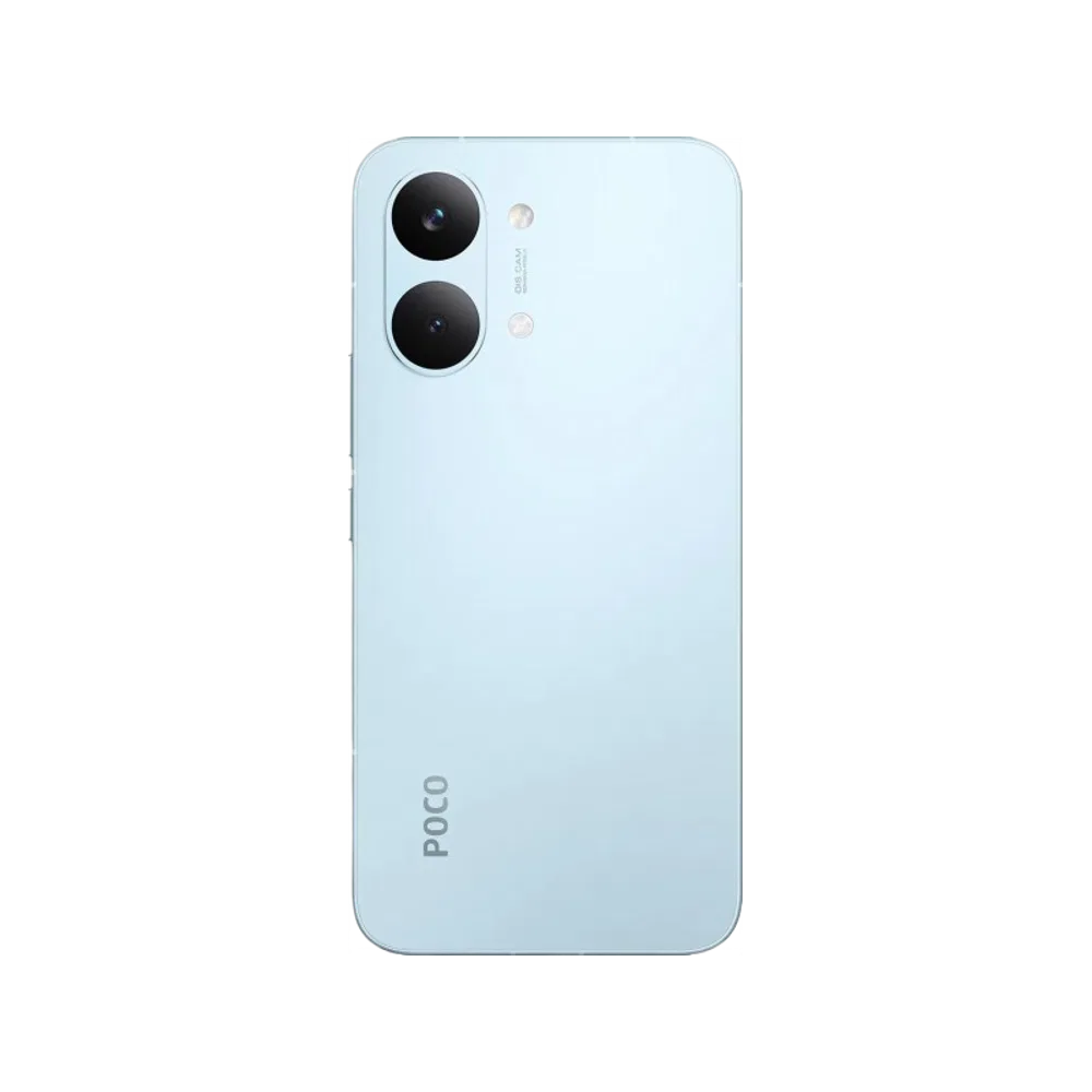 Mavi renkli Poco X8 Pro Max akıllı telefonun arka yüzeyi, çift kamera modülü ve sade tasarımı