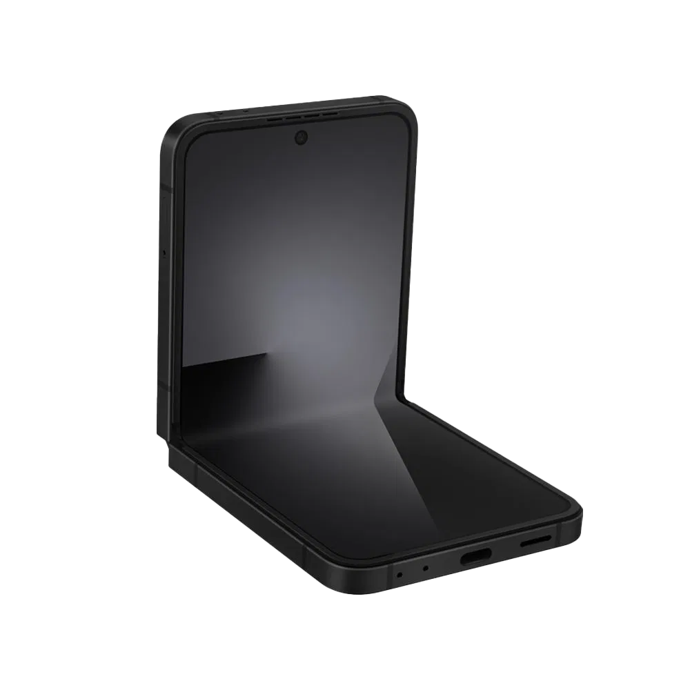 Siyah Samsung Galaxy Z Flip7 FE katlanabilir akıllı telefon, yarı açık konumda önden görünüm