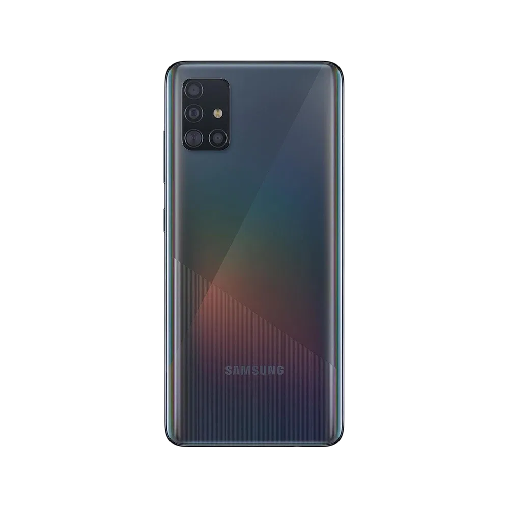 Samsung Galaxy A51 siyah akıllı telefonun arka yüzü, dörtlü kamera modülü ve parlak kaplama detayları