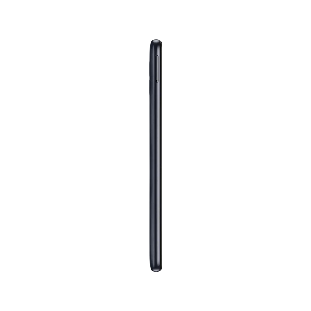 Samsung Galaxy A04e siyah akıllı telefonun yan profilden görünümü, ince gövde ve tuş detaylarıyla
