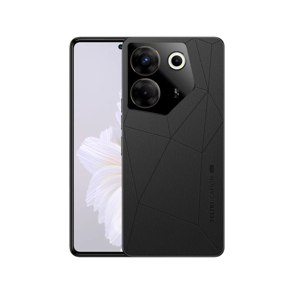 Siyah Tecno Camon 20S Pro 5G akıllı telefonun ön ve arka yüzü, üçlü kamera tasarımıyla birlikte gösteriliyor