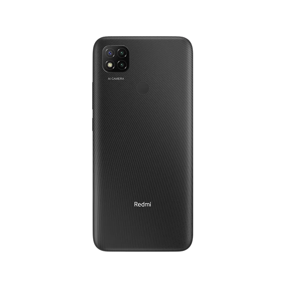 Xiaomi Redmi 9C siyah akıllı telefonun arka yüzü, çoklu kamera modülü ve parmak izi sensörü görünüyor