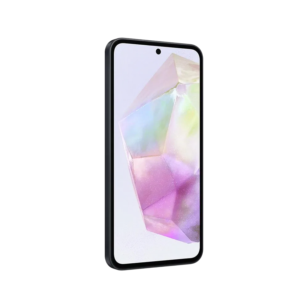 Samsung Galaxy A35 siyah akıllı telefon, önden görünüm, ince çerçeveli ekran ve ön kamera deliğiyle