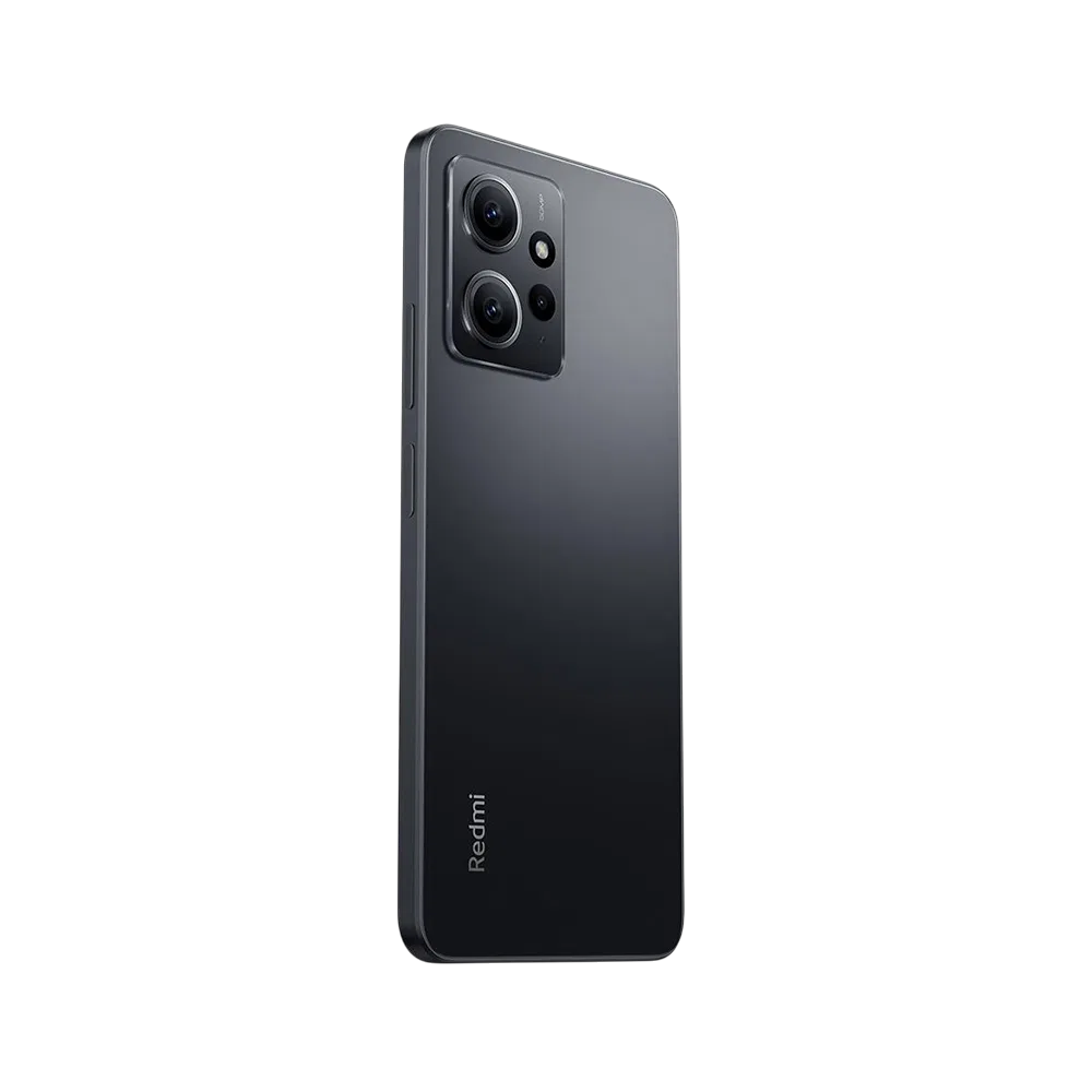 Xiaomi Redmi Note 12 siyah akıllı telefonun arka yüzü, üçlü kamera modülü ve sade tasarım görünümü