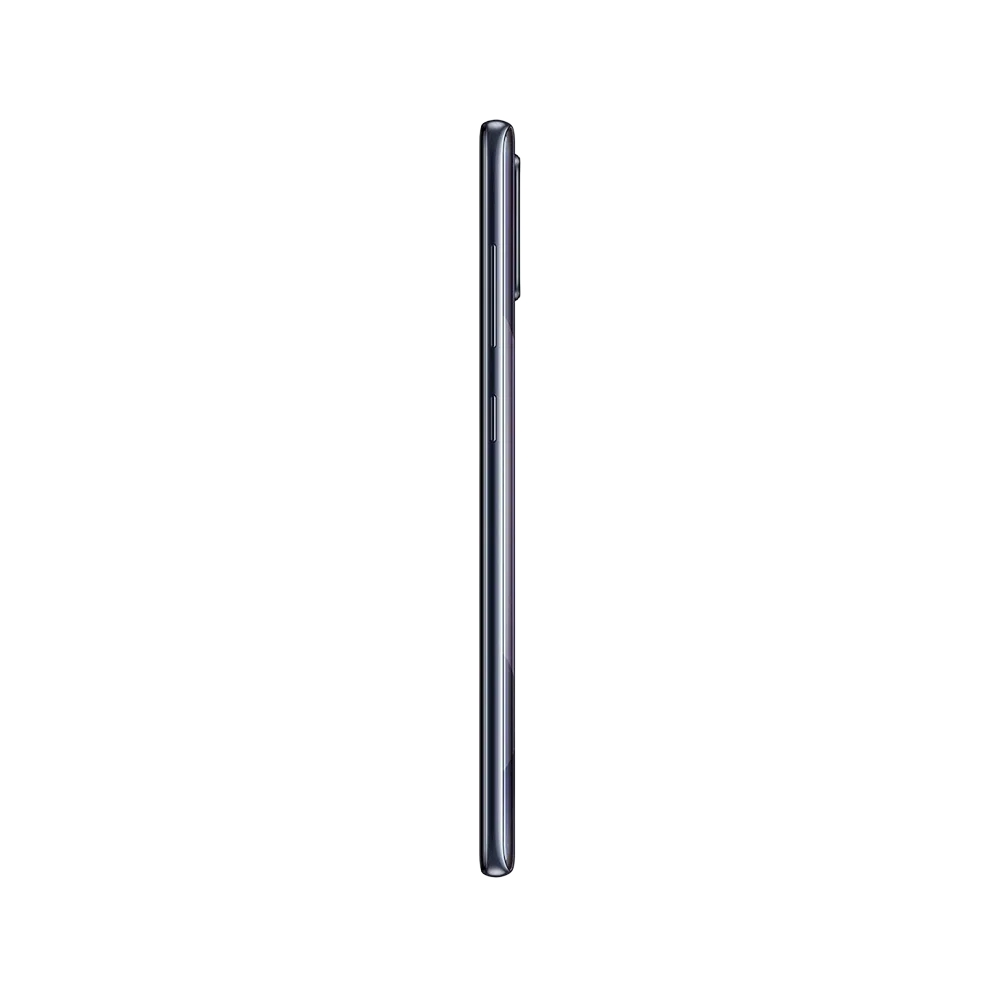 Samsung Galaxy A71 siyah akıllı telefonun yan profilden görünümü, ince çerçeve ve tuş detaylarıyla