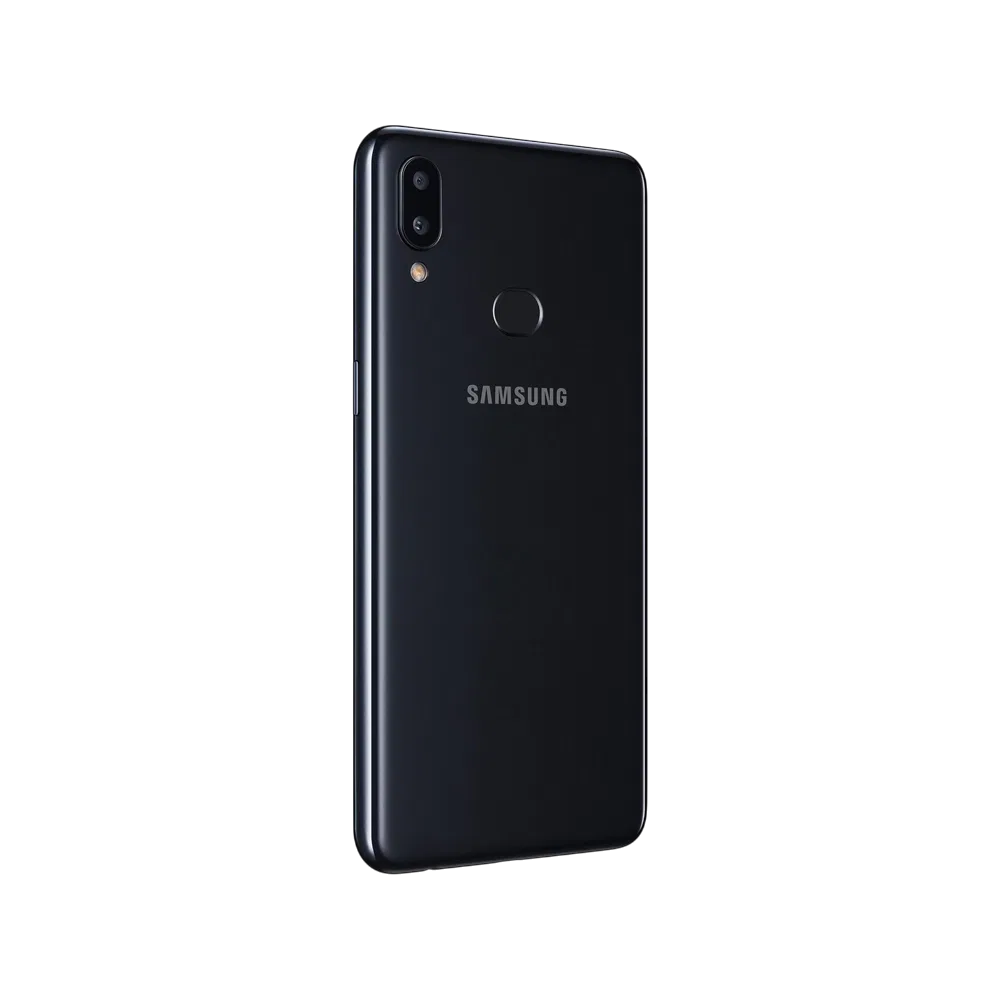 Siyah Samsung Galaxy A10s akıllı telefonun arka yüzü; çift kamera ve parmak izi sensörü detaylı görünüm