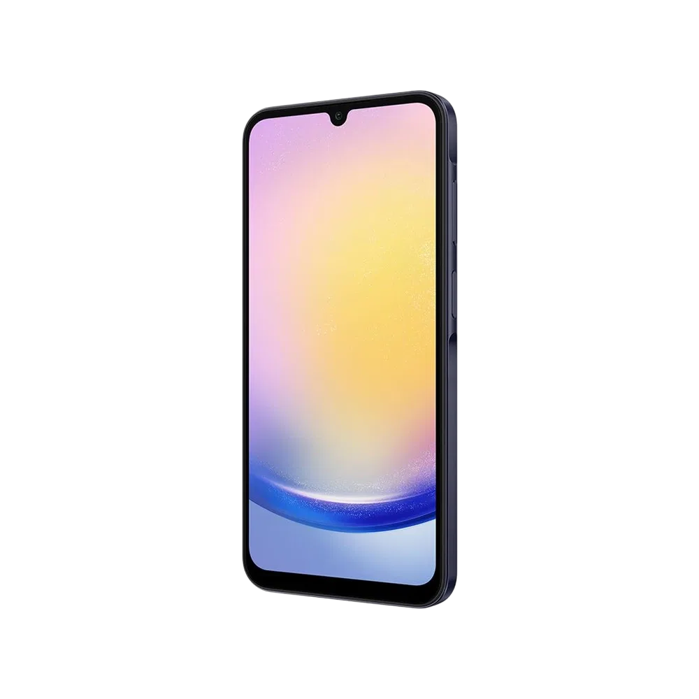 Siyah Samsung Galaxy A25 akıllı telefonun önden görünümü, ince çerçeveli ekran ve damla çentik detaylı