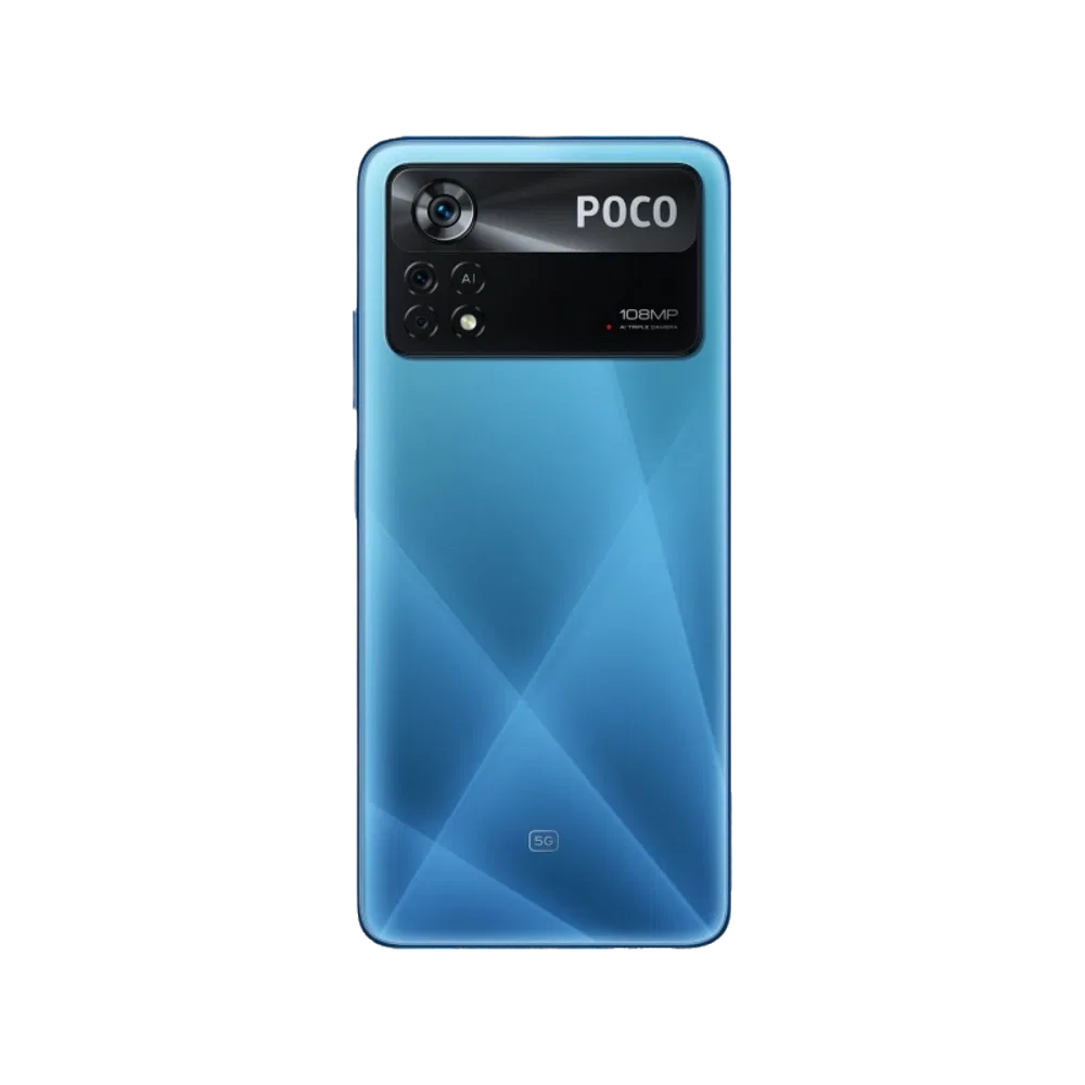 Poco X4 Pro mavi akıllı telefonun arka yüzeyi, büyük kamera modülü ve parlak geometrik desenli tasarımı