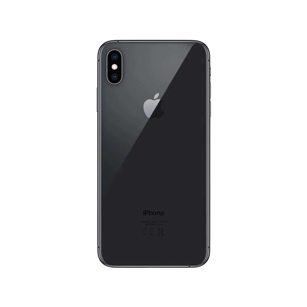 Apple iPhone XS Max siyah akıllı telefonun arka yüzü, çift kamera ve Apple logosu görünümü