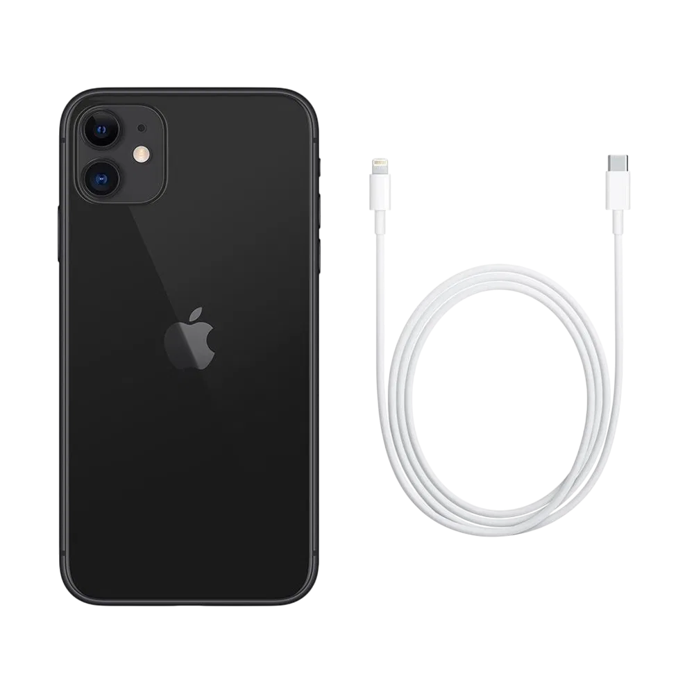 Apple iPhone 11 siyah akıllı telefon, arka yüz ve çift kamera detayıyla, yanında Lightning şarj kablosu