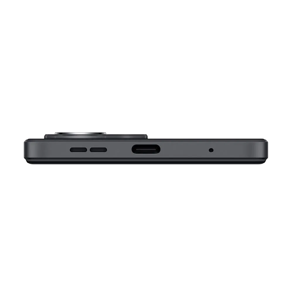 Xiaomi Redmi Note 12 siyah akıllı telefonun alt kenarı; USB-C şarj girişi ve hoparlör ızgarası görünüyor